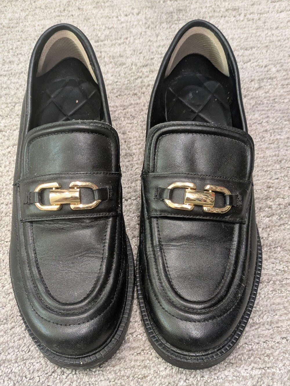 Women's Zara Black Leather Slip-On Loafers with Gold Accent